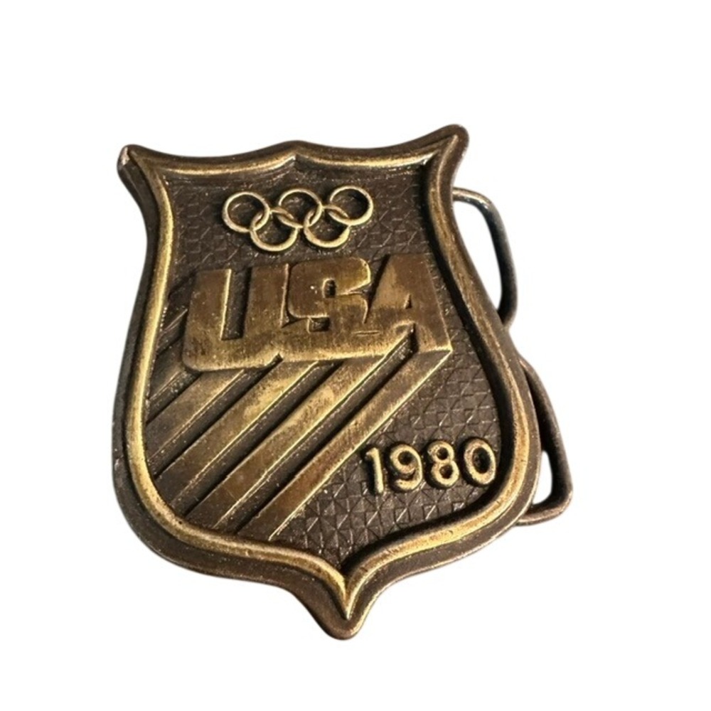VTG 1980 USA Olympics Belt Buckle Brass Shield Olympic Rings Moscow Boycott Era